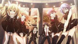 2000s_(style) 2boys 4girls :d arimura_hinae belt black_dress black_jacket black_pants black_thighhighs blue_hair blush bow bowtie breasts chaos;child clothes_lift collarbone covering_privates dress dress_lift dress_tug fang floating_hair game_cg glasses grey_hair hair_between_eyes hair_ribbon hand_in_own_hair headphones headphones_around_neck hekiho_academy hekiho_academy_uniform highres itou_shinji_(chaos;child) jacket kazuki_hana kurusu_nono large_breasts long_hair looking_down miyashiro_takuru multiple_boys multiple_girls necktie non-web_source official_art onoe_serika open_mouth outdoors pants pink_hair pulling_own_clothes purple_eyes red_bow red_bowtie red_eyes red_necktie red_ribbon ribbon sailor_collar sasaki_mutsumi school_uniform shirt short_dress short_hair sidelocks smile standing thighhighs twintails very_long_hair white_ribbon white_sailor_collar white_shirt white_thighhighs wind wind_lift zettai_ryouiki