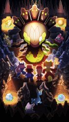 ._. 1boy 1girl adamant_orb aegislash amaura big_nugget_(pokemon) black_hair black_shirt black_shorts blue_eyes blue_pants branch bright_pupils calem_(pokemon) cave_interior closed_mouth commentary_request compound_eyes delphox eyelashes fire floating from_behind full_body gen_6_pokemon green_eyes greninja griseous_orb hat highres holding holding_branch holding_shield legendary_pokemon lustrous_orb miyagawa_(maxggguys) nintendo one-eyed pants pokemon pokemon_(creature) pokemon_xy purple_eyes red_eyes red_hat red_skirt shield shirt shoes shorts skirt smile spotlight spritzee standing white_pupils zygarde zygarde_(50)