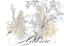 Rule 34 | 2girls, arrow (projectile), blonde hair, bow (weapon), breasts, cleavage, crown, dress, flower, hair intakes, head wreath, height difference, highres, large breasts, long hair, medium breasts, multiple girls, original, polearm, s xing guowang, spear, standing, tree, twitter username, very long hair, weapon, white background, white dress