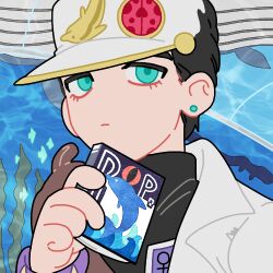 1boy aqua_eyes aquarion_(series) book diamond_wa_kudakenai dolphin earrings gakuran hat jewelry jojo_no_kimyou_na_bouken kuujou_joutarou ladybug_ornament long_coat lowres morikiri school_uniform seaweed solo turtleneck vest whale_shark