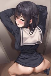 1girl absurdres ass black_hair bottomless bowlegged_pose braid female_pubic_hair from_behind half_up_braid highres jack_dempa long_hair looking_at_viewer looking_back open_mouth original pubic_hair school_uniform smile solo split spread_legs