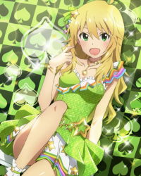 10s 1girl artist_request blonde_hair blush dress female_focus green_background green_dress green_eyes hair_ornament hoshii_miki idolmaster idolmaster_(classic) idolmaster_million_live! jewelry long_hair lots_of_jewelry necklace official_art open_mouth smile solo spade sparkle star_(symbol) star_hair_ornament