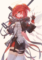 1girl absurdres arknights breasts collared_shirt cropped_jacket exusiai_(arknights) exusiai_the_new_covenant_(arknights) fingerless_gloves gloves highres holding holding_weapon hood hooded_jacket jacket long_hair long_shirt looking_at_viewer midriff_peek red_eyes red_hair sao7 shirt shorts side_ponytail skindentation small_breasts standing thigh_strap thighhighs v weapon white_thighhighs