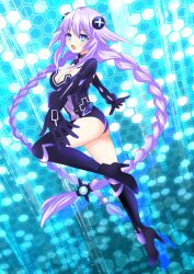 1girl binary blue_eyes braid breasts cleavage gloves hair_ornament highres kokonotsu_(mozu) leotard long_hair medium_breasts neon_trim neptune_(neptunia) neptune_(series) open_mouth power_symbol power_symbol-shaped_pupils purple_hair purple_heart_(neptunia) solo symbol-shaped_pupils twin_braids very_long_hair