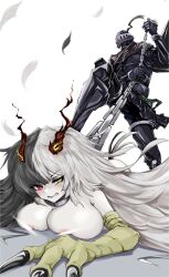1boy 1girl armor black_hair black_souls black_souls_2 blush breasts chain collar grimm_(black_souls) grin helmet heterochromia highres jubjub_(black_souls) knight large_breasts light_censor metal_collar monster_girl red_eyes scrapiron2800 smile stepped_on sweatdrop white_hair yellow_eyes