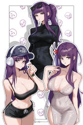 Rule 34 | 1girl, :/, :t, anger vein, arm behind back, baseball cap, black bra, black dress, black hat, black shorts, bra, breasts, cleavage, closed mouth, commentary, covered navel, cowboy shot, dolphin shorts, dress, english commentary, eyewear on head, fern (sousou no frieren), finger heart, grey dress, hand up, hat, hat writing, headphones, highres, inhoso, instagram logo, large breasts, legs together, long hair, multiple views, outline, patreon logo, ponytail, pout, purple eyes, purple hair, shiny skin, short shorts, shorts, side slit, sidelocks, sleeveless, sleeveless dress, smartwatch, sousou no frieren, spaghetti strap, standing, sunglasses, sweat, taut clothes, taut dress, twitter logo, underwear, v-shaped eyebrows, very long hair, watch, white outline, wide hips, wristwatch