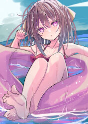 Rule 34 | 1girl, absurdres, beach, bikini, blush, bow, cloud, day, hair bow, hair ribbon, highres, hizaka, innertube, kamikaze (kancolle), kantai collection, long hair, looking at viewer, ocean, on innertube, open mouth, ourdoors, outdoors, partially submerged, pink innertube, purple eyes, purple hair, red bikini, ribbon, sky, smile, solo, swim ring, swimsuit, water, wet