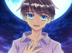 Rule 34 | 1boy, brown hair, full moon, highres, male focus, mamiya takuji, moon, night, open mouth, rikarika, school uniform, shirt, short hair, smile, solo, tsui no sora, tsui no sora (remake), white shirt