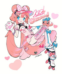 1girl alternate_costume animal animal_ears artist_name between_legs blue_eyes blush bow character_name chromu commission gloves hair_bow hat heart highres indie_virtual_youtuber looking_at_viewer open_mouth paw_gloves pink_hair roller_skates simple_background skates smile solo tail tail_between_legs tail_bow tail_ornament virtual_youtuber white_background