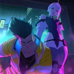 Rule 34 | 1boy, 1girl, backlighting, belt, black hair, black shirt, blue leotard, bob cut, breasts, cigarette, cityscape, covered navel, cropped jacket, cyberpunk (series), cyberpunk 2077, cyberpunk edgerunners, david martinez, david tako, groin, highleg, highleg leotard, highres, hip vent, inverted bob, jacket, jewelry, leotard, light frown, looking at viewer, lucy (cyberpunk), medium breasts, multiple necklaces, necklace, off shoulder, open clothes, open jacket, pendant, pink light, rain, shirt, shorts, sidelocks, signature, skin tight, sleeves rolled up, smoke, smoking, spiked hair, thighhighs, undercut, v-neck, white jacket, white shorts, window, yellow jacket