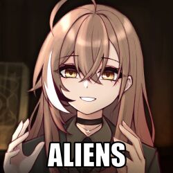 1girl :d ahoge alternate_costume ancient_aliens ao-chan_(ninomae_ina&#039;nis) black_choker black_shirt black_suit brown_eyes brown_hair caption choker crossed_bangs fingernails formal_clothes grin highres hololive hololive_english jewelry long_hair m_r_b multicolored_hair nanashi_mumei necklace open_mouth scene_reference shirt smile streaked_hair suit virtual_youtuber