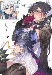 2girls absurdres arrow_(symbol) black_hair black_thighhighs blue_eyes blue_hair cerydra_(honkai:_star_rail) cesar_zebrah dress earrings gloves hair_ornament hand_up highres honkai:_star_rail honkai_(series) hysilens_(honkai:_star_rail) jewelry long_hair long_sleeves multiple_girls purple_eyes red_gloves ribs shrug_(clothing) simple_background thighhighs very_long_hair white_background yuri