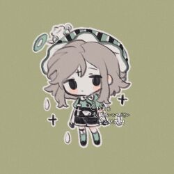 Rule 34 | 1girl, black eyes, black gloves, black overalls, black shoes, blush stickers, brown hair, chibi, chibi only, chinese commentary, collared shirt, commentary request, commission, film grain, full body, gloves, green background, green halo, green hat, green shirt, green thighhighs, halo, hat, highres, jin fang jintian gu le ma, legwear garter, medium hair, original, outline, overall shorts, overalls, shirt, shoes, short sleeves, simple background, solo, striped hat, thighhighs, watermark, white outline