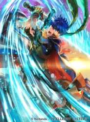 1boy blue_cape blue_eyes blue_hair cape commentary_request company_name fire_emblem fire_emblem:_path_of_radiance fire_emblem_cipher glowing glowing_sword glowing_weapon green_headband headband holding holding_sword holding_weapon ike_(fire_emblem) male_focus nintendo official_art open_mouth outdoors red_cape short_hair solo suzuki_rika sword torn_clothes torn_sleeves two-sided_cape two-sided_fabric weapon