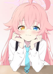 1girl :3 absurdres ahoge blue_archive blue_necktie elbows_on_table hair_between_eyes halo hands_on_own_face harness heterochromia highres hoshino_(blue_archive) huge_ahoge kurumi_kororin long_hair necktie pink_hair pink_halo shirt simple_background smile white_shirt