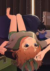 1girl absurdres barefoot blue_eyes character_doll closed_mouth commentary_request full_body go-toubun_no_hanayome green_ribbon green_shorts hair_ribbon hands_up highres indoors legs_up lying nakano_yotsuba on_back orange_hair ribbon short_hair short_shorts shorts solo uesugi_fuutarou yasuba_yuichi