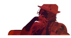 1boy badge black_background braid bucket_hat collared_shirt ear_piercing fangs fedora gloves hand_on_own_chin hat highres hugo_vlad jacket jacket_on_shoulders jewelry limited_palette long_sleeves looking_at_viewer male_focus medium_hair mindscape_cinema_(zenless_zone_zero) monochrome official_alternate_costume official_art orange_theme piercing pointy_ears ring shirt short_hair simple_background smile solo upper_body zenless_zone_zero
