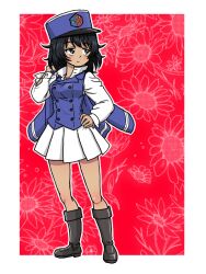 Rule 34 | 1girl, andou (girls und panzer), bc freedom (emblem), bc freedom military uniform, black boots, black eyes, black hair, blue hat, blue jacket, blue vest, blush, boots, closed mouth, collared shirt, dark-skinned female, dark skin, emblem, floral background, girls und panzer, hat, holding, holding jacket, holding unworn clothes, holding unworn jacket, jacket, kepi, knee boots, long sleeves, military hat, miniskirt, outline, pleated skirt, red background, shirt, short hair, skirt, takahashi kurage, unbuttoned sleeves, unworn jacket, vest, white outline, white shirt, white skirt