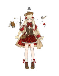 1girl bag bare_legs black_bow blonde_hair blush book bottle bow braid brown_bag brown_footwear brown_hat buttons constellation cross-laced_footwear doll_joints feathers gem grey_eyes hair_bow hand_up hat holding holding_wand inkwell jacket joints libra_(constellation) libra_(symbol) libra_(zodiac) long_hair long_sleeves looking_ahead looking_at_viewer open_mouth original paper plaid_bow plaid_clothes plaid_skirt red_bow red_gemstone school_uniform skirt socks sparkle star_(symbol) starshadowmagician twin_braids vest wand white_background white_gemstone white_socks zodiac