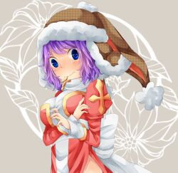 Rule 34 | 1girl, arms under breasts, back bow, blue eyes, blush, bow, breasts, brown hat, closed mouth, commentary request, cross in mouth, dress, fur hat, grey background, hat, high priest (ragnarok online), juliet sleeves, large breasts, long sleeves, looking at viewer, meiko (nattu303), mouth hold, puffy sleeves, purple hair, ragnarok online, red dress, sash, short hair, solo, trapper hat, two-tone dress, upper body, white bow, white dress, white sash