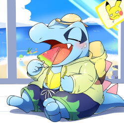 beach blue_sky blush closed_eyes clothed_pokemon day drawstring flygon food gardevoir gen_1_pokemon gen_2_pokemon gen_3_pokemon hat highres hood hood_down nintendo no_humans ocean open_mouth outdoors pikachu pokemon pokemon_(creature) popsicle sitting sky speech_bubble spoken_character straw_hat tatu_wani totodile typhlosion watermelon_bar