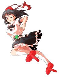 1girl alphes_(style) belt black_belt black_bow black_bowtie black_hair black_skirt bow bowtie breasts commentary_request dairi frilled_skirt frills geta hat kneehighs looking_at_viewer medium_hair multiple_expressions one_eye_closed parody puffy_short_sleeves puffy_sleeves red_eyes red_hat red_shoes shameimaru_aya shirt shoes short_sleeves skirt small_breasts socks standing style_parody tachi-e tassel tengu-geta tokin_hat touhou white_shirt white_socks