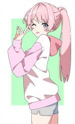 1girl bang_dream! bang_dream!_it&#039;s_mygo!!!!! chihaya_anon commentary_request green_background grey_eyes grey_shirt hand_up highres hood hood_down hoodie long_hair long_sleeves looking_at_viewer one_eye_closed ora_(oraora_oekaki) pink_hair shirt solo tongue tongue_out very_long_hair white_hoodie