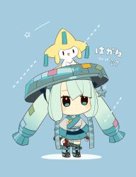 1girl bebe_0620 blue_background blue_eyes chibi chibi_only closed_mouth dot_mouth flute gen_3_pokemon hatsune_miku highres holding holding_flute holding_instrument instrument jirachi legendary_pokemon long_hair mythical_pokemon nintendo on_head open_mouth poke_flute pokemon pokemon_(creature) pokemon_on_head project_voltage sandogasa steel_miku_(project_voltage) tanzaku translation_request vocaloid