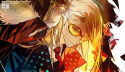 Rule 34 | 1boy, adjusting hair, alternate costume, blonde hair, collared shirt, dutch angle, eeju, fate/grand order, fate (series), fur-trimmed jacket, fur trim, highres, jacket, long hair, male focus, necktie, portrait, red jacket, red necktie, shirt, sleeve zipper, smile, solo, sunglasses, tezcatlipoca (fate), tinted eyewear, twitter username
