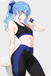 1girl absurdres alternate_costume asymmetrical_sidelocks black_pants black_sports_bra blue_eyes blue_hair blue_ribbon bluefield breasts commentary english_commentary from_side grey_background hair_ribbon hand_up high-waist_pants highres hololive hoshimachi_suisei medium_hair midriff navel pants ponytail ribbon simple_background small_breasts solo sports_bra star_(symbol) star_in_eye sweat symbol_in_eye toned toned_female virtual_youtuber wristband yoga_pants