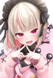 1girl black_dress black_headdress black_ribbon bloom blunt_bangs blush bob_cut chest_harness cleavage_cutout clothing_cutout collared_dress colored_inner_hair dress fangs frilled_shirt_collar frills grey_hair harness heart_cutout highres holding holding_stuffed_toy index_fingers_together jacket looking_at_viewer maid maid_headdress makaino_ririmu makaino_ririmu_(5th_costume) medium_hair miyagi_ratona multicolored_hair nijisanji open_clothes open_jacket open_mouth pink_hair pink_jacket pocket pointy_ears red_eyes ribbon simple_background sleeves_past_wrists smile solo streaked_hair stuffed_animal stuffed_rabbit stuffed_toy twitter_username upper_body upturned_eyes virtual_youtuber white_background