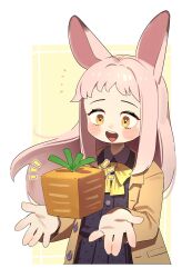 1girl :d absurdres animal_ears borrowed_character bow bowtie brown_coat buttons carrot coat commentary cube english_commentary gift_art highres long_hair long_sleeves notice_lines open_clothes open_coat open_mouth original pink_hair rabbit_ears rabbit_girl simple_background smile solo tostantan upper_body yellow_bow yellow_bowtie yellow_eyes