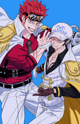 2boys belt belt_buckle black_belt black_hair black_nails black_shirt blue_background brown_gloves brown_necktie buckle buttons chest_harness chest_tattoo closed_mouth coat coat_on_shoulders collarbone collared_coat collared_shirt commentary_request earrings epaulettes eustass_kid facial_hair fingernails fur_hat gloves goatee goggles goggles_on_head gold_earrings grin hand_up harness hat highres holding holding_sword holding_weapon jewelry long_sleeves looking_at_viewer male_focus marine_uniform_(one_piece) multiple_boys nail_polish necktie one_piece open_collar pants pectoral_cleavage pectorals red_eyes red_hair red_lips red_shirt scar scar_on_arm shirt shirt_tucked_in short_hair sideburns simple_background sleeve_cuffs sleeves_rolled_up smile spiked_hair striped_clothes striped_vest sword tassel tattoo teeth trafalgar_law two-sided_coat two-sided_fabric v-shaped_eyebrows veins vertical-striped_clothes vertical-striped_vest vest weapon white_coat white_hat white_pants white_vest wing_collar yakumo_(ykm) yellow_eyes
