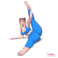 1girl barefoot breasts brown_eyes brown_hair cameltoe capcom chun-li cleft_of_venus double_bun feet hair_bun leggings midriff pinkdrawz pussy soles solo street_fighter thick_thighs thighs