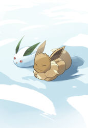 Rule 34 | animal focus, brown fur, closed eyes, closed mouth, commentary, eevee, gen 1 pokemon, highres, nintendo, no humans, pokemon, pokemon (creature), red eyes, sitting, smile, snow rabbit, tail, yamaori (hakkentai pokedan)