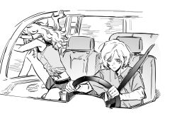 1boy 1girl alternate_universe bags_under_eyes camisole car_interior car_seat contemporary driving dungeon_meshi elf fleeing fleki highres lazy_eye long_hair mithrun monochrome multiple_scars notched_ear ochitsukutsuku pointy_ears scar seatbelt shirt short_hair short_shorts shorts steering_wheel t-shirt through_window uneven_eyes wavy_hair white_background