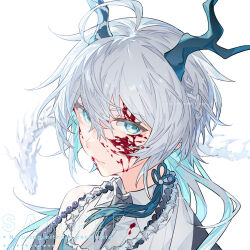 1girl anchun_(quail0503) blood blood_on_clothes blood_on_face blue_eyes closed_mouth collared_shirt commission hair_between_eyes highres horns necktie original portrait shirt short_hair simple_background solo watermark white_hair white_shirt