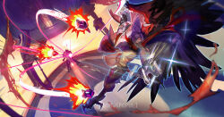 1boy 1girl absurdres aiming arm_cannon armor battle beak chozo claws domus_populi gravity_suit_(metroid) highres metroid metroid_dread missile motion_lines nintendo power_armor raven_beak_(metroid) rocket samus_aran speed_lines standing talons weapon wings