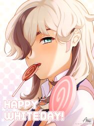 1boy absurdres amo_(bbamo_bbm) arven_(pokemon) brown_hair candy collared_shirt creatures_(company) eyelashes food game_freak green_eyes hair_over_one_eye highres lollipop long_hair male_focus mixed-language_commentary mouth_hold multicolored_hair necktie nintendo open_mouth pokemon pokemon_sv shirt signature solo teeth two-tone_hair upper_body vest white_day white_shirt yellow_vest