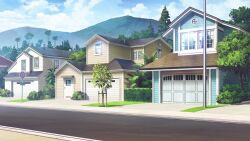 bush cloud cloudy_sky curtains day fern forest garage highres lawn mountainous_horizon nature no_humans non-web_source official_art our_life:_beginnings_and_always outdoors road road_sign scenery sidewalk sign sky suburb tree variant_set window