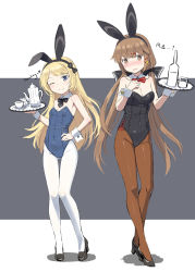 Rule 34 | 2girls, ;), alternate costume, animal ears, bad id, bad pixiv id, bare shoulders, black bow, black footwear, black hairband, black leotard, black neckwear, blue leotard, blunt bangs, blush, bottle, bow, bowtie, breasts, cleavage, cnm, collarbone, covered navel, cup, detached collar, drinking glass, english text, fake animal ears, fake tail, flat chest, flats, full body, gluteal fold, hair bow, hair ornament, hairband, hairclip, hand on own hip, hand on own chest, highres, holding, holding tray, jervis (kancolle), kantai collection, leotard, looking at viewer, low twintails, medium breasts, multiple girls, nose blush, one eye closed, orange legwear, pantyhose, playboy bunny, rabbit ears, rabbit tail, shoes, smile, standing, star (symbol), star hair ornament, strapless, strapless leotard, swept bangs, tail, tashkent (kancolle), teacup, teapot, thigh gap, translation request, tray, twintails, two-tone background, white legwear, wrist cuffs