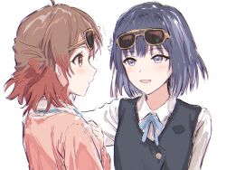 2girls ahoge black_vest blue_ribbon blush brown-framed_eyewear brown_hair bullfalk cardigan collared_shirt dress_shirt eyewear_on_head gakuen_idolmaster hanami_ume hataya_misuzu hatsuboshi_gakuen_school_uniform idolmaster medium_hair mole mole_under_mouth multiple_girls neck_ribbon pink_cardigan purple_eyes purple_hair ribbon school_uniform shirt sunglasses upper_body vest white_shirt