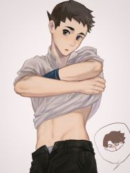 2boys ace_attorney aroused_nosebleed black_eyes black_pants brown_hair chibi chibi_inset chinese_commentary closed_eyes commentary_request cowboy_shot grey_background grey_male_underwear highres kaze_(yznyttdgs) kazuma_asogi male_focus male_underwear male_underwear_peek multiple_boys open_fly open_mouth pants ryunosuke_naruhodo shirt short_bangs short_hair short_sleeves simple_background solo_focus speech_bubble the_great_ace_attorney underwear undressing white_shirt wispy_bangs yaoi