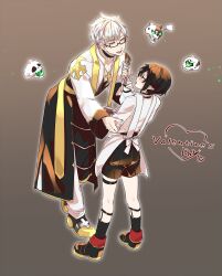 Rule 34 | 2boys, apron, arch bishop (ragnarok online), black-framed eyewear, black choker, black coat, black shoes, black shorts, black socks, brown background, brown hair, chocolate syrup, choker, coat, commentary request, cross, cross necklace, datenshi no fu, despair god morroc, floating skull, full body, glasses, grey eyes, grey hair, hair ornament, highres, holding, holding another&#039;s wrist, holding spatula, jacket, jewelry, long sleeves, looking at another, male focus, multiple boys, necklace, open mouth, pants, pointy ears, ragnarok masters, ragnarok online, shirt, shoes, short hair, shorts, simple background, smile, socks, spatula, valentine, white apron, white jacket, white pants, white shirt, x hair ornament, yaoi