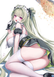 1girl aeon_ion ass bare_shoulders blush bow breasts detached_sleeves embarrassed from_behind from_below gloves goddess_of_victory:_nikke green_hair hair_bow hair_ribbon headdress high_heels huge_breasts long_hair looking_at_viewer looking_back maid maid_headdress miniskirt open_mouth panties purple_eyes ribbon sideboob skin_tight skirt smile soda_(nikke) solo sweatdrop thick_thighs thighhighs thighs twintails underwear very_long_hair