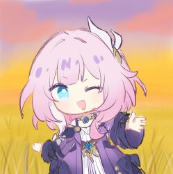 1girl ;o blue_eyes chibi coat cyrene_(honkai:_star_rail) dress gradient_sky hair_ornament highres honkai:_star_rail honkai_(series) jewelry lianxielian multicolored_hair necklace one_eye_closed outdoors pink_hair purple_coat short_hair sky solo two-tone_hair wheat wheat_field white_dress white_hair