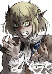 Rule 34 | 1girl, angry, bags under eyes, black shirt, blonde hair, braid, brown shirt, claw pose, clenched teeth, commentary request, fingernails, green eyes, half up braid, mizuhashi parsee, pointy ears, scarf, sharp fingernails, shirt, short hair, short sleeves, simple background, solo, tearing up, teeth, touhou, undershirt, upper body, v-shaped eyebrows, white background, white scarf, zeke 52type