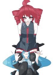 2girls ^^^ ahoge bare_shoulders between_breasts between_thighs black_shirt black_skirt black_thighhighs blue_hair blush breasts detached_sleeves drill_hair hatsune_miku head_between_breasts highres kasane_teto kasane_teto_(utau) long_hair multiple_girls open_mouth red_eyes red_hair shirt short_hair simple_background sitting sitting_on_face sitting_on_person skirt sleeveless sleeveless_shirt sweatdrop t2e1o1 thighhighs twin_drills twintails utau vocaloid white_background