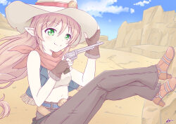 1girl belt boots brown_hair cowboy_hat cowgirl_(western) from_side green_eyes gun handgun hat highres holding holding_gun holding_weapon irina_bondarchuk iris_mysteria! jacket k_(nura-rikuo) long_hair looking_at_viewer revolver scarf weapon