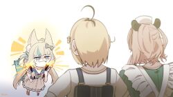 Rule 34 | 3girls, absurdres, ahoge, animal ears, blonde hair, blue eyes, blue hair, blue overalls, brown hair, buruhas, cat ears, closed mouth, dooby (vtuber), dress, fang, fins, fireworks, fish girl, fish tail, green dress, highres, holding, holding fireworks, indie virtual youtuber, long hair, looking at viewer, low twintails, multicolored hair, multiple girls, nimi nightmare, one eye closed, overalls, sameko saba, shirt, short hair, sleeveless, sleeveless dress, smile, smug, sparkler, streaked hair, tail, tapir ears, tapir girl, twintails, very long hair, virtual youtuber, white dress, white shirt
